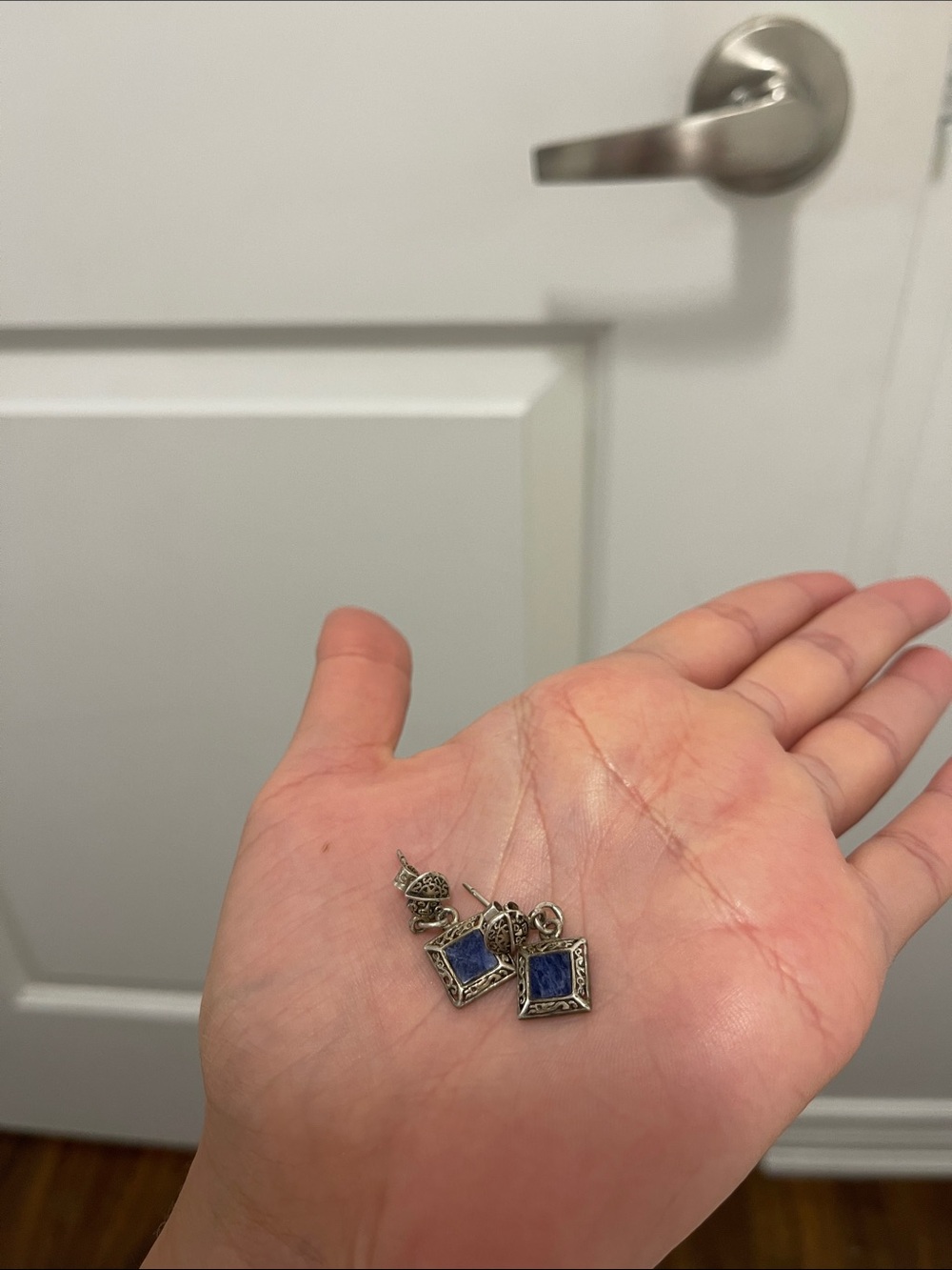 Dainty Silver-Tone Earrings with Deep Blue Square Stones